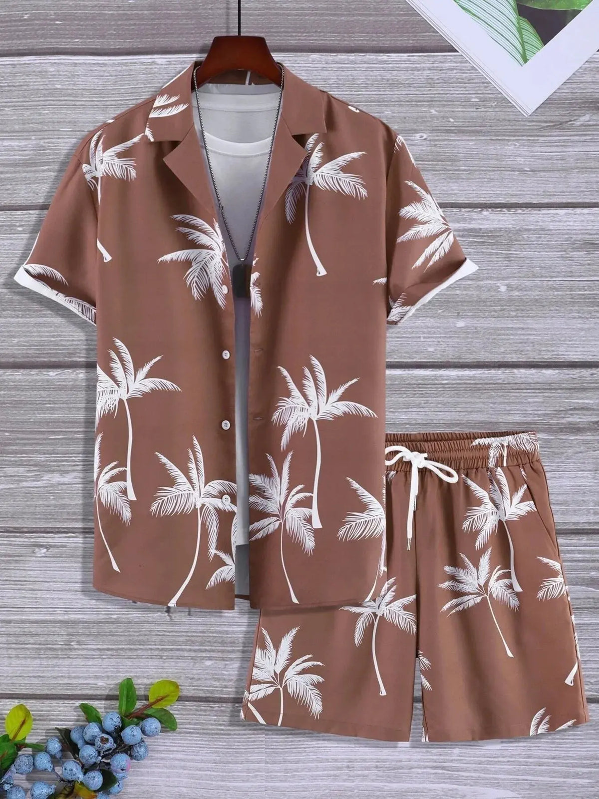 Men's Full Size Palm Print Button Up Shirt and Shorts Set Plus Size by Trendsi