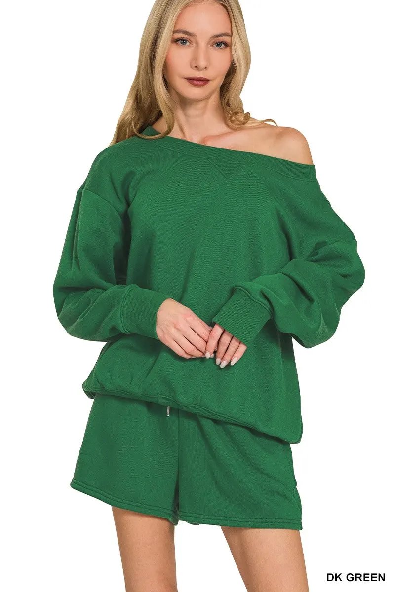 Zenana Fleece Boat Neck Sweatshirt and Shorts Set by Zenana