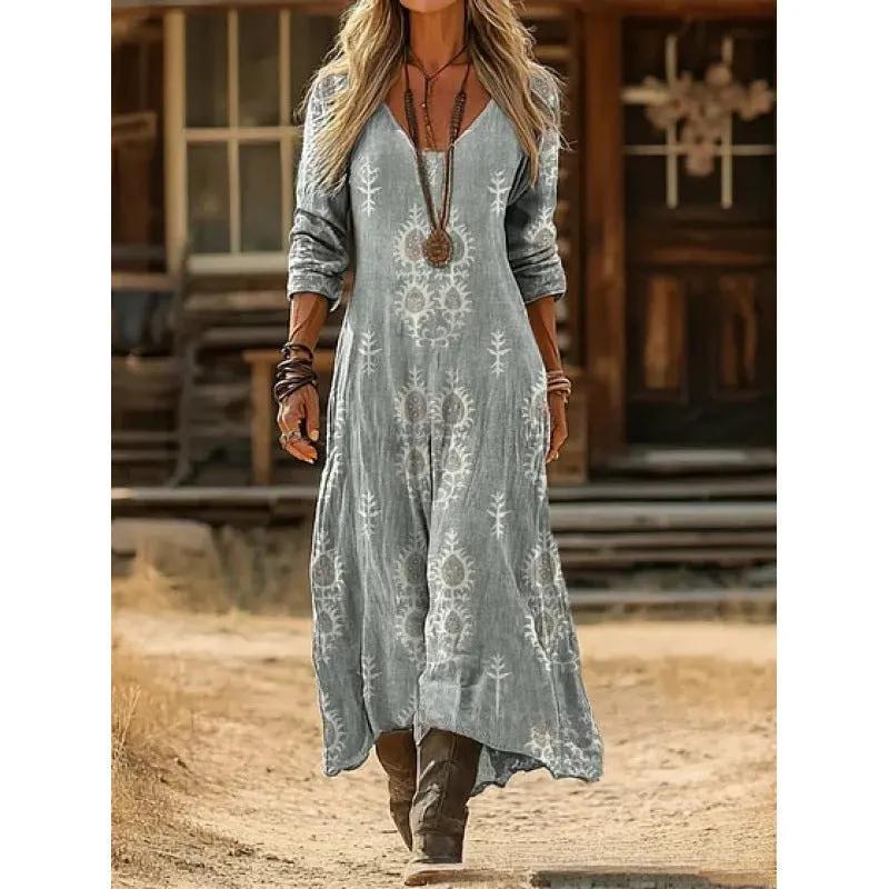 Boho Tie-Dye Watercolor Print V-Neck Long-Sleeve Maxi Dress by Anybestbuy Store