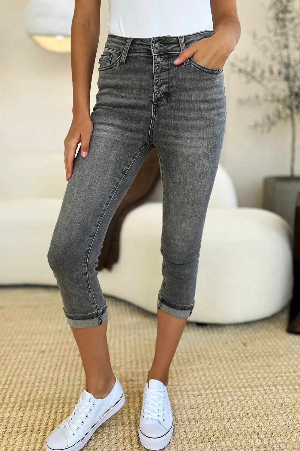 Judy Blue Full Size Button Fly High Waist Cuffed Capris by Judy Blue