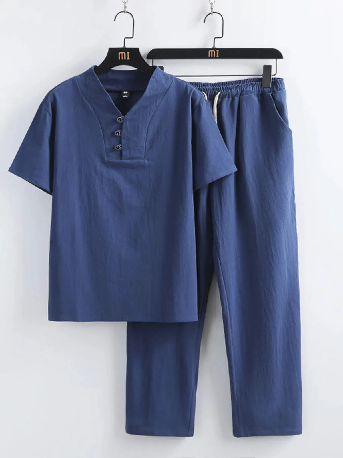 Men's Plus Size V-Neck Short Sleeve Top and Pants Set by Trendsi