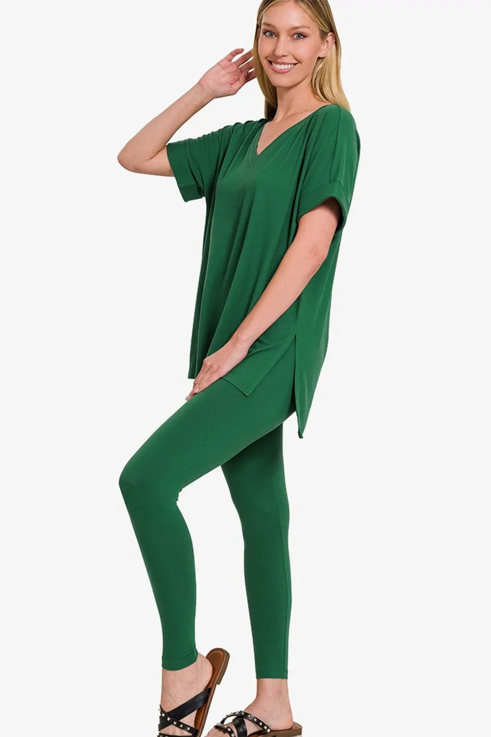 Zenana V-Neck Rolled Short Sleeve T-Shirt and Leggings Lounge Set by Zenana