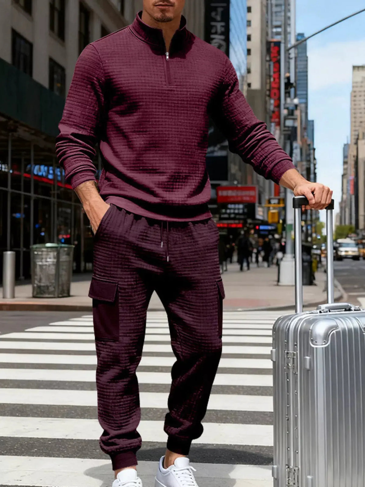 Men's Full Size Quarter-Zip Top and Cargo Joggers Set Plus Size by Trendsi