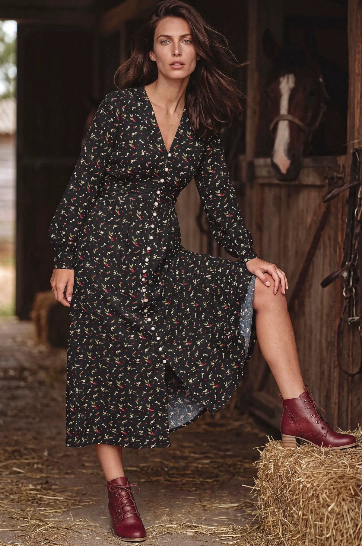 Lila Grace Long Sleeve Pearl Button Midi Dress by ELF
