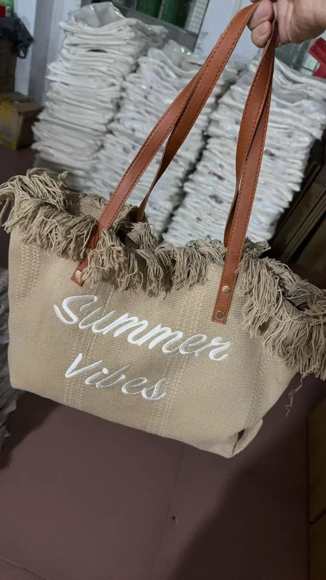 Large capacity canvas tote bag with embroidered letters, handbag for women, woven beach bag, shoulder bag by Dropsure
