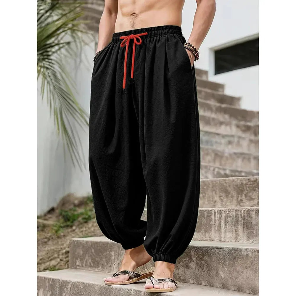 Men's Loose-Fit Cotton-Linen Harem Pants with Elastic Waist and Gathered Cuffs by Vimost Shop