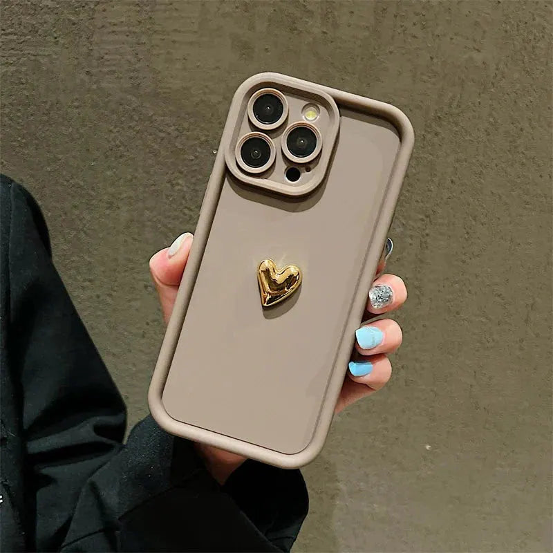 3D Gold Heart Silicone Soft Phone Case For iPhone 15 14 13 12 11 16 17 Pro Max XS XR 7 8 Plus SE Shockproof Candy Matte Cover by Shop1103740101 Store