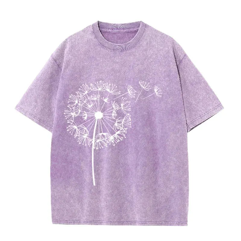 Dandelion Print Vintage Washed Brown T Shirt Casual Minimalist Streetwear Tee by Vimost Shop