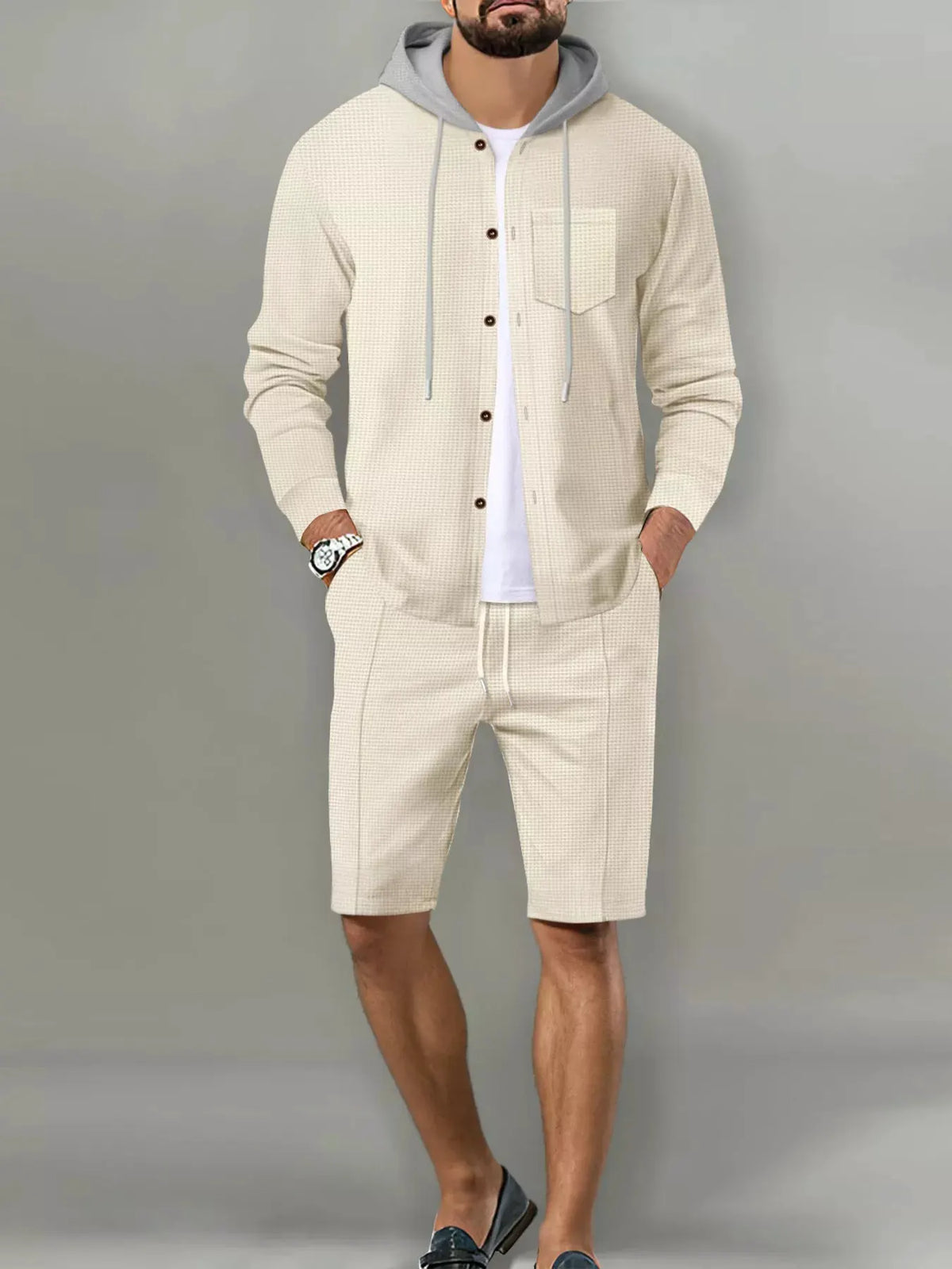 Men's Full Size Casual Hooded Button-Up Top and Shorts Set Plus Size by Trendsi