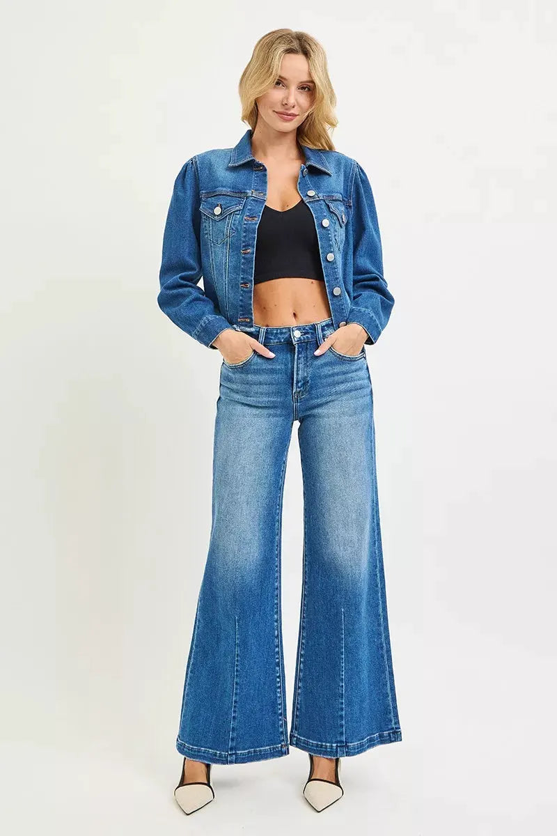 RISEN Full Size Mid Rise Wide Leg Jeans with Flared Look Plus Size by RISEN