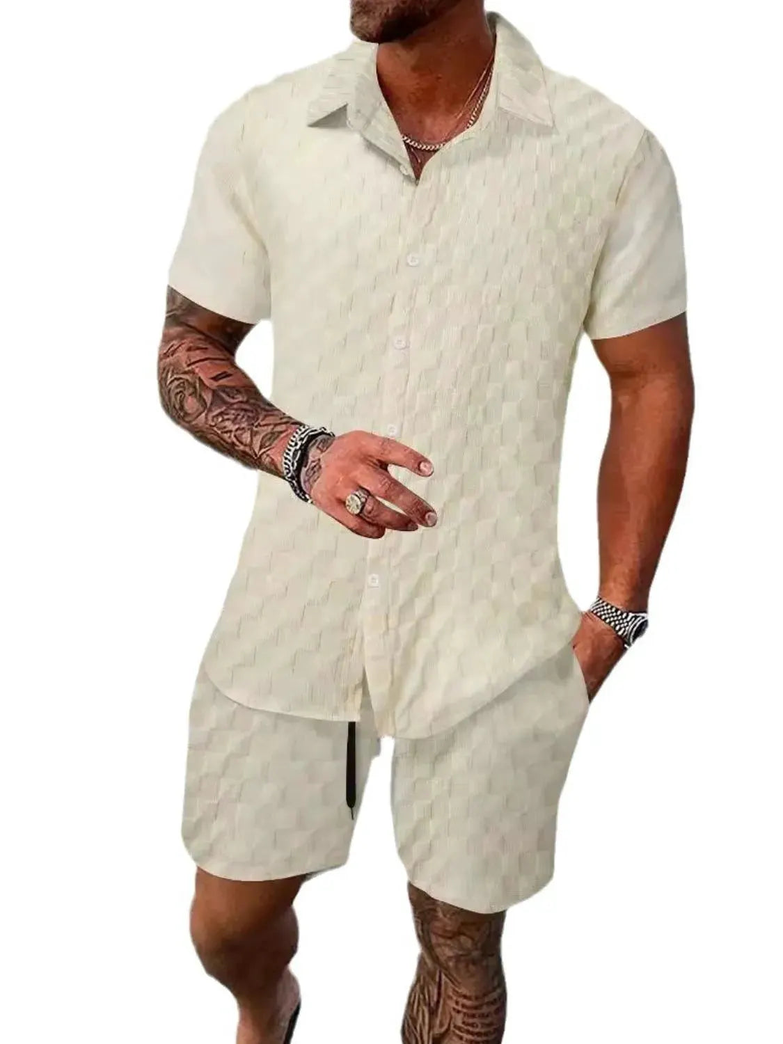Men's Full Size Collared Neck Short Sleeve Top and Shorts Set Plus Size by Trendsi
