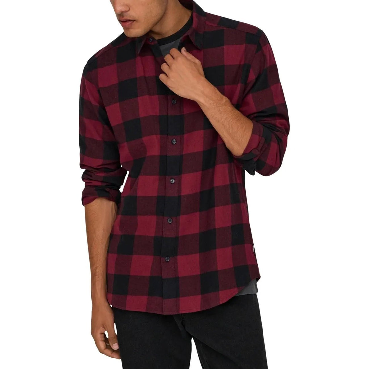 High Quality Only Sons Men Red Plaid Cotton Long Sleeve Classic Shirt by Only & Sons