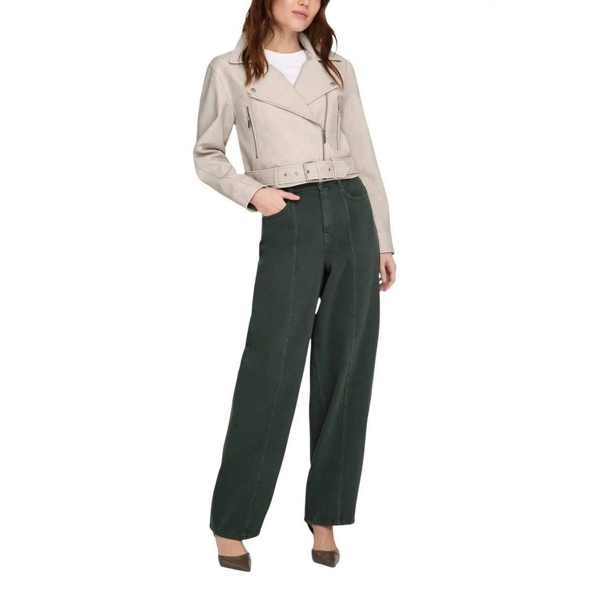 Only Women Beige Belted Lapel Collar Zip Front Blazer Jacket by Only
