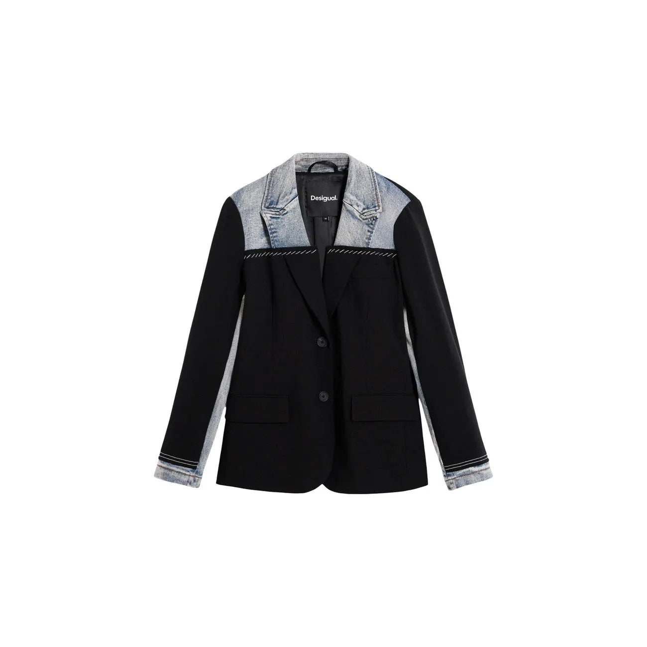 Stylish Desigual Women Black Stretch Blazer Denim Detail V Neck Lapel Jacket by Desigual