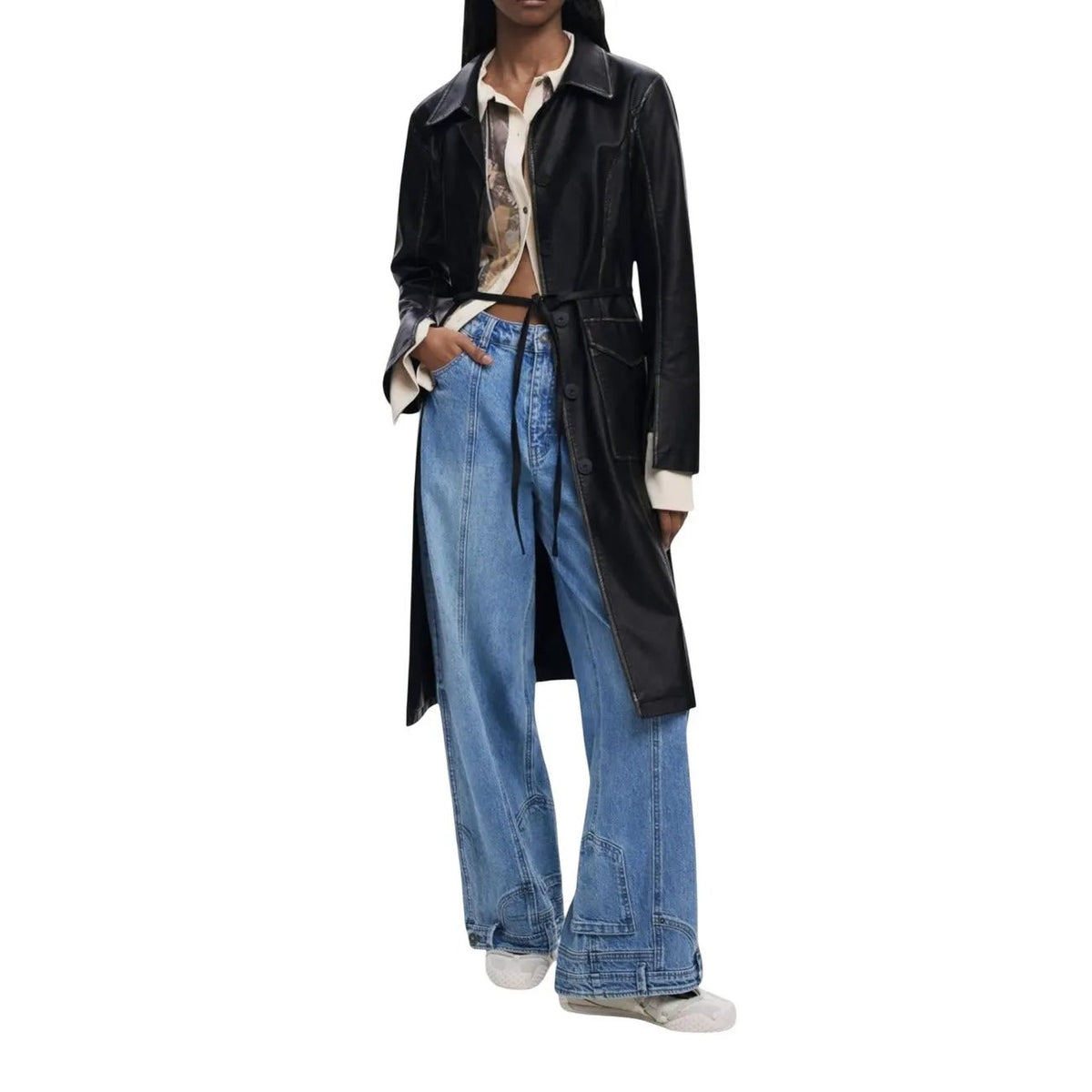 Desigual Women Elegant Black Faux Leather Belted Long Blazer Coat by Desigual