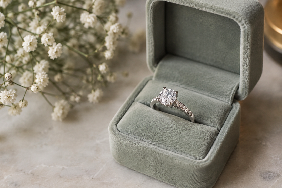 Moissanite solitaire engagement ring with a pave band in a sage green velvet ring box beside white flowers