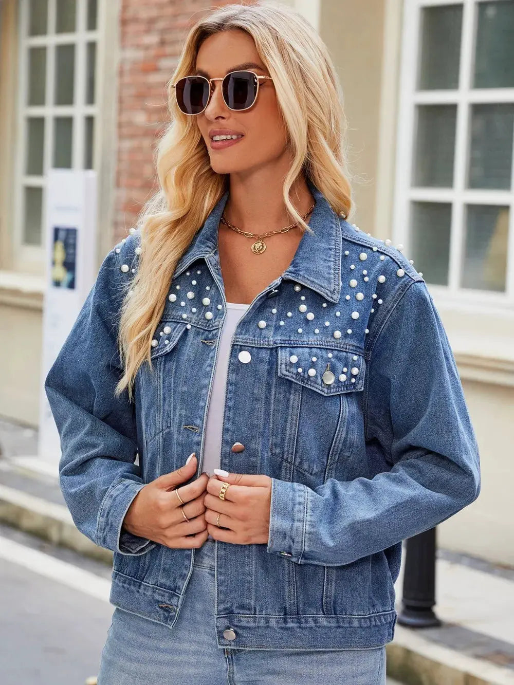 Pearl Detail Collared Neck Long Sleeve Denim Jacket by Partner Label