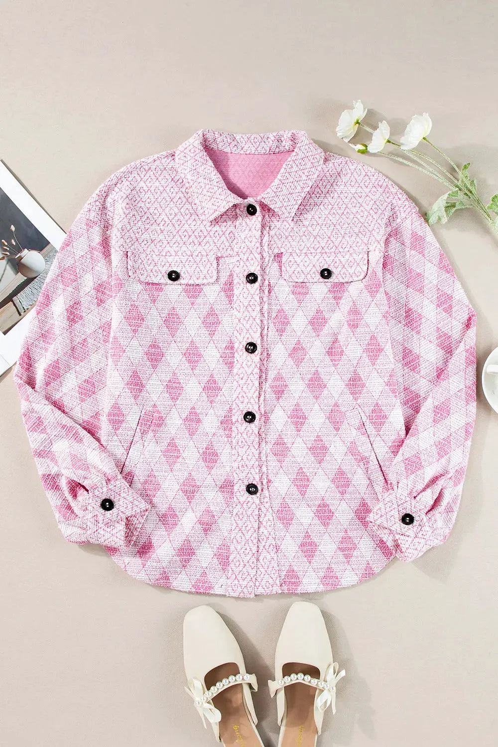 Geometric Print Textured Flap Pocket Shacket by Partner Label
