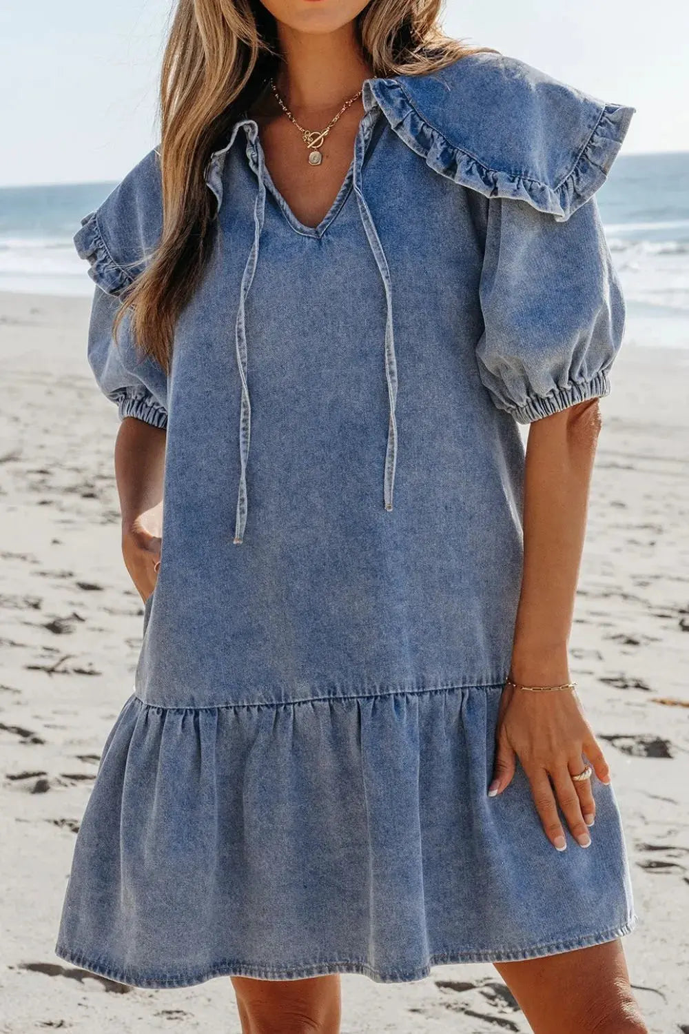 Ruffled Side Pockets Puff Sleeve Denim Mini Dress by Partner Label