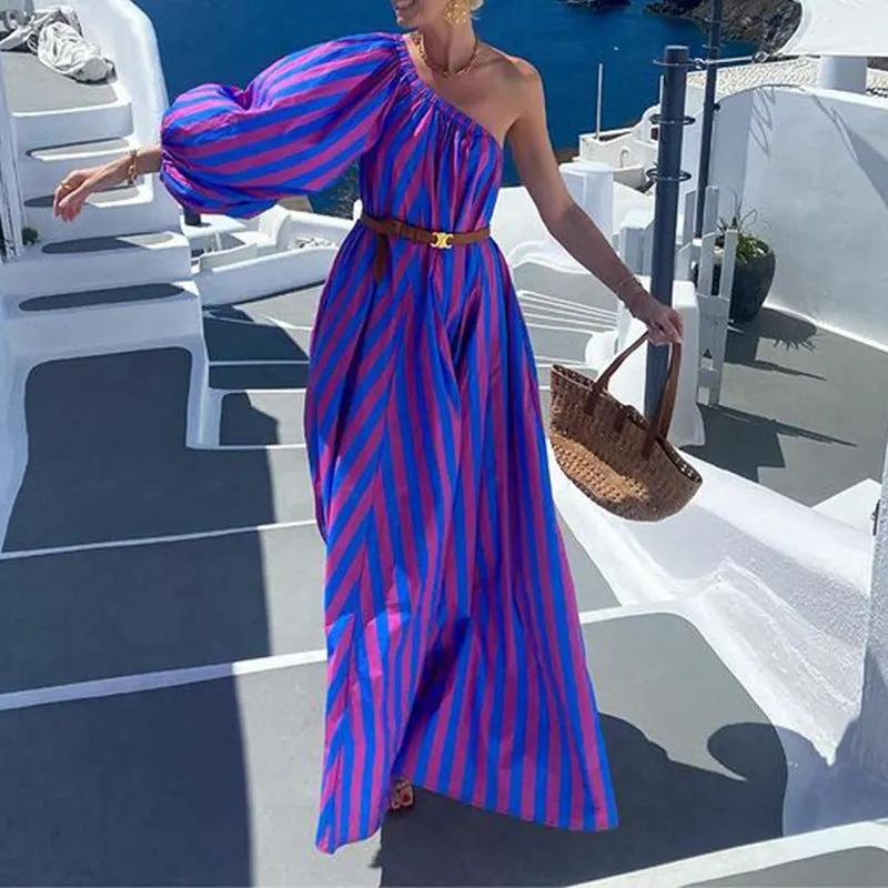 Fashion Personalized Oblique Shoulder Boho Striped Women's Mid-length Dress by Anybestbuy Store