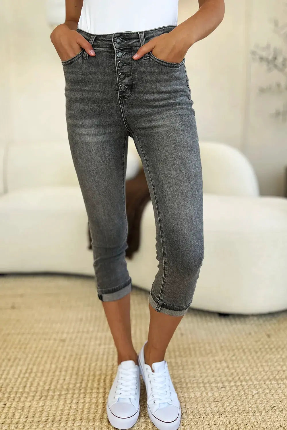 Judy Blue Full Size Button Fly High Waist Cuffed Capris by Judy Blue