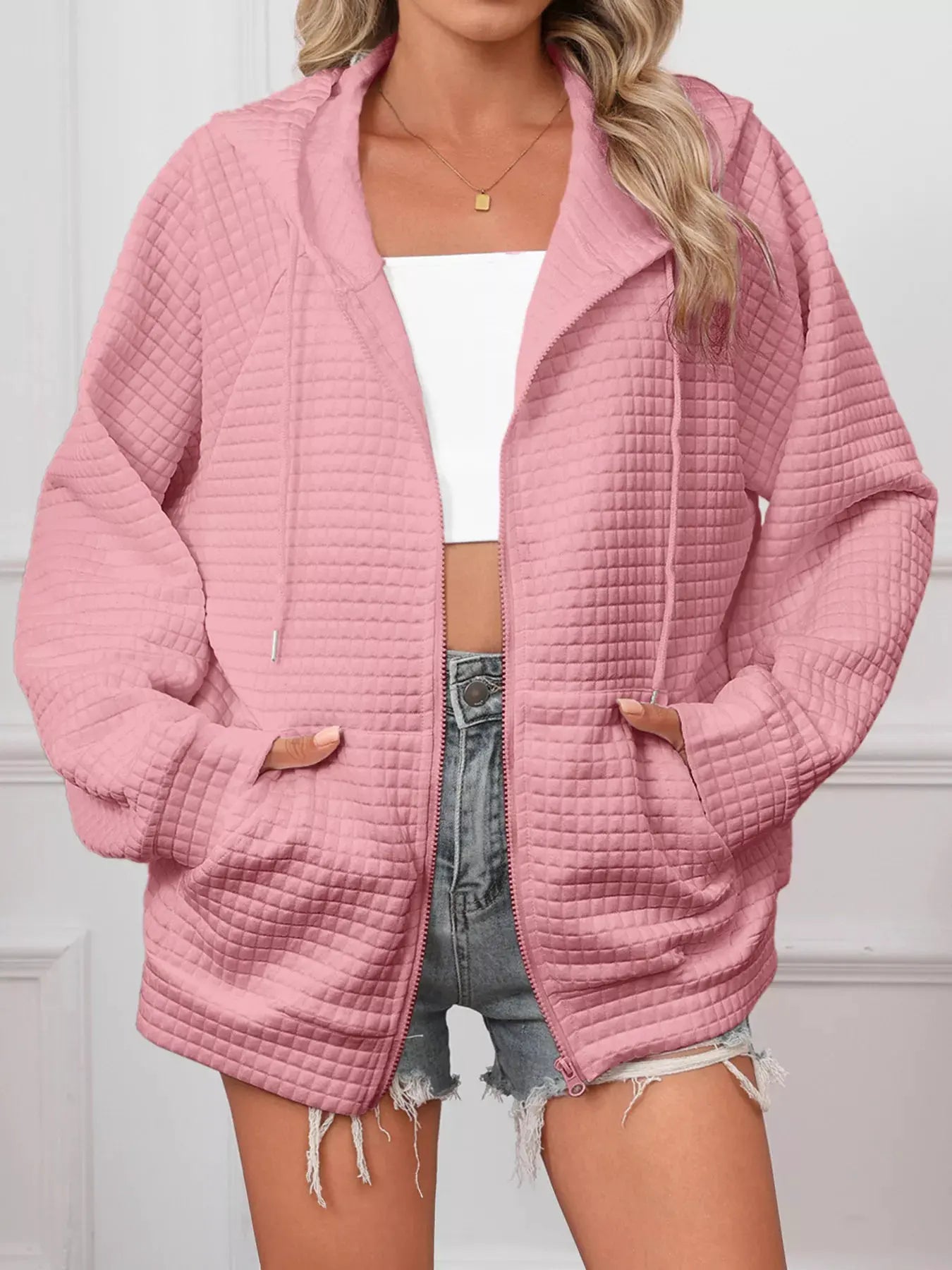 Full Size Textured Quilted Zip-Up Hooded Jacket Plus Size by Partner Label