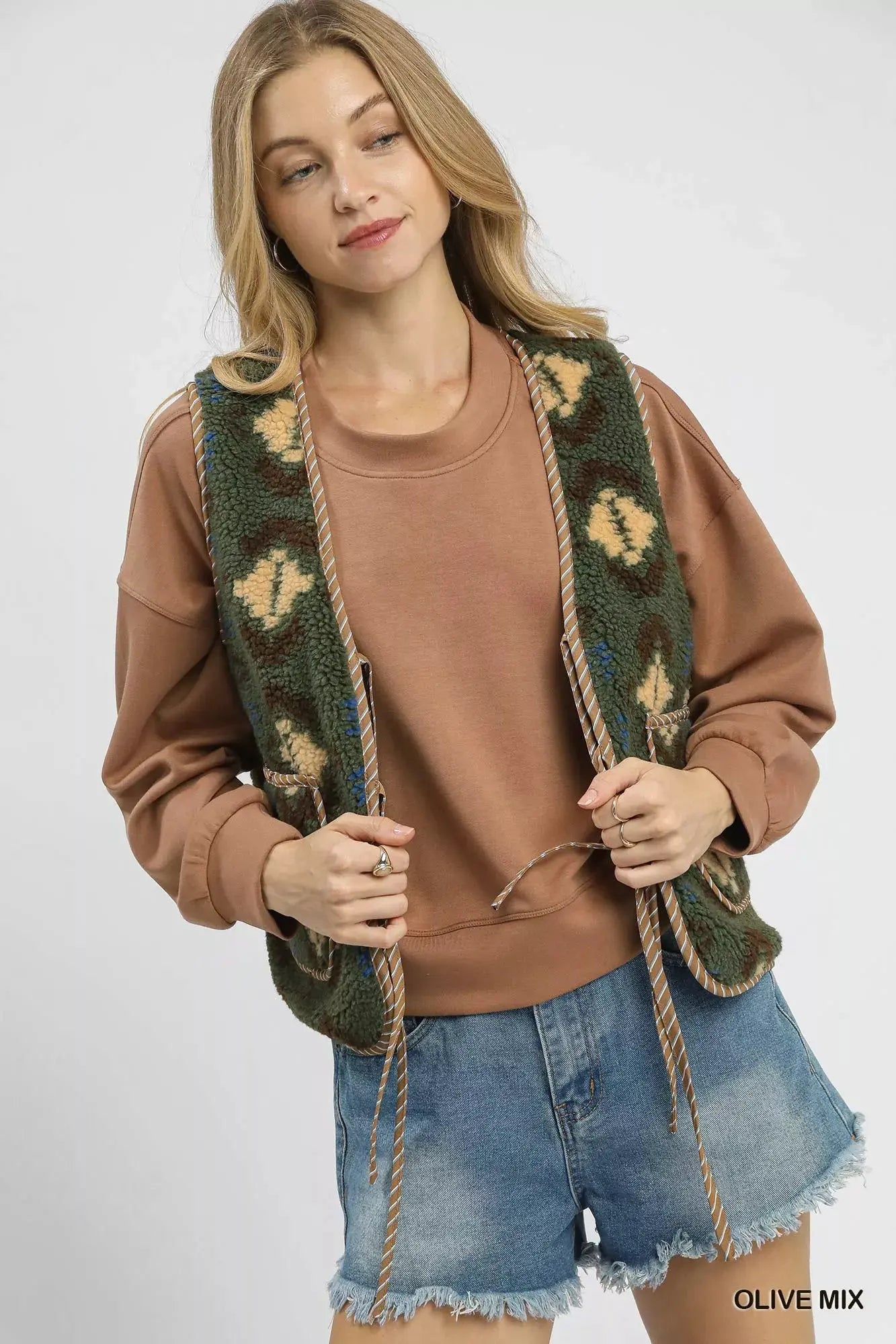 Umgee Mix Patterned Sherpa Tie-Front Vest by Umgee