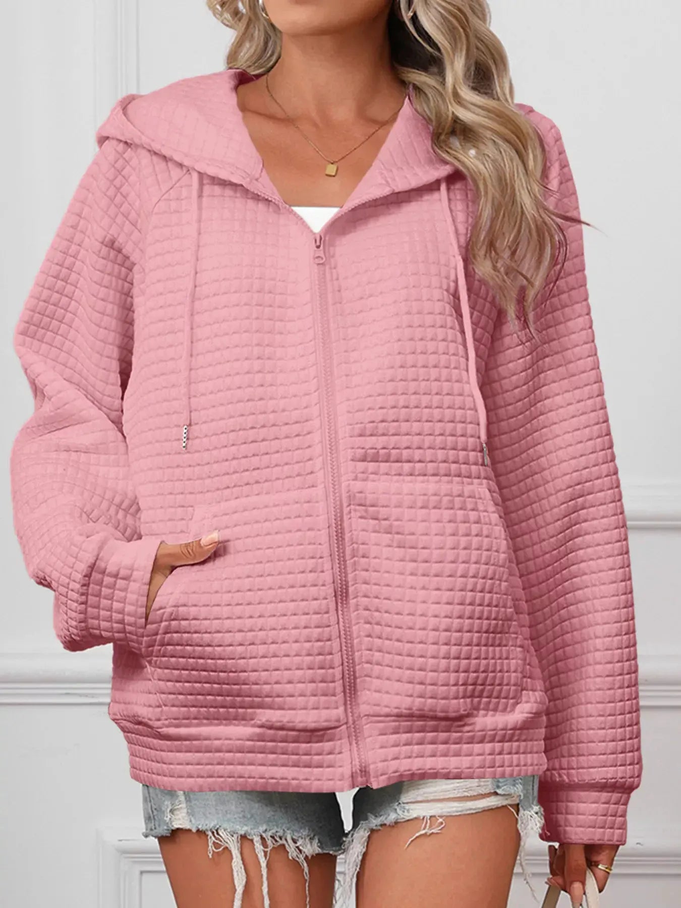 Full Size Textured Quilted Zip-Up Hooded Jacket Plus Size by Partner Label