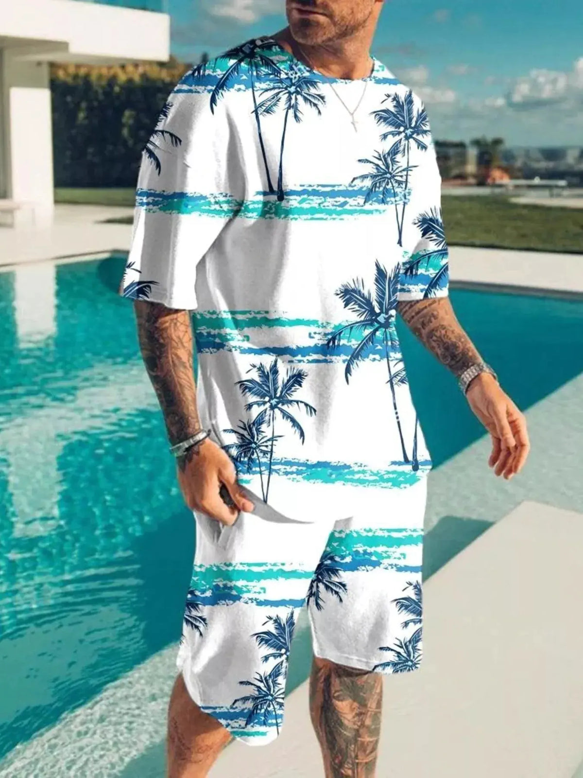 Men's Full Size Palm Tree Print Top and Shorts Set Plus Size by Trendsi