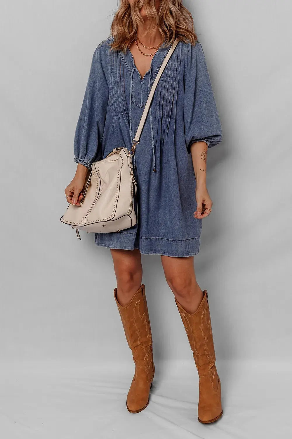 Tie Neck Long Sleeve Mini Denim Dress by Partner Label