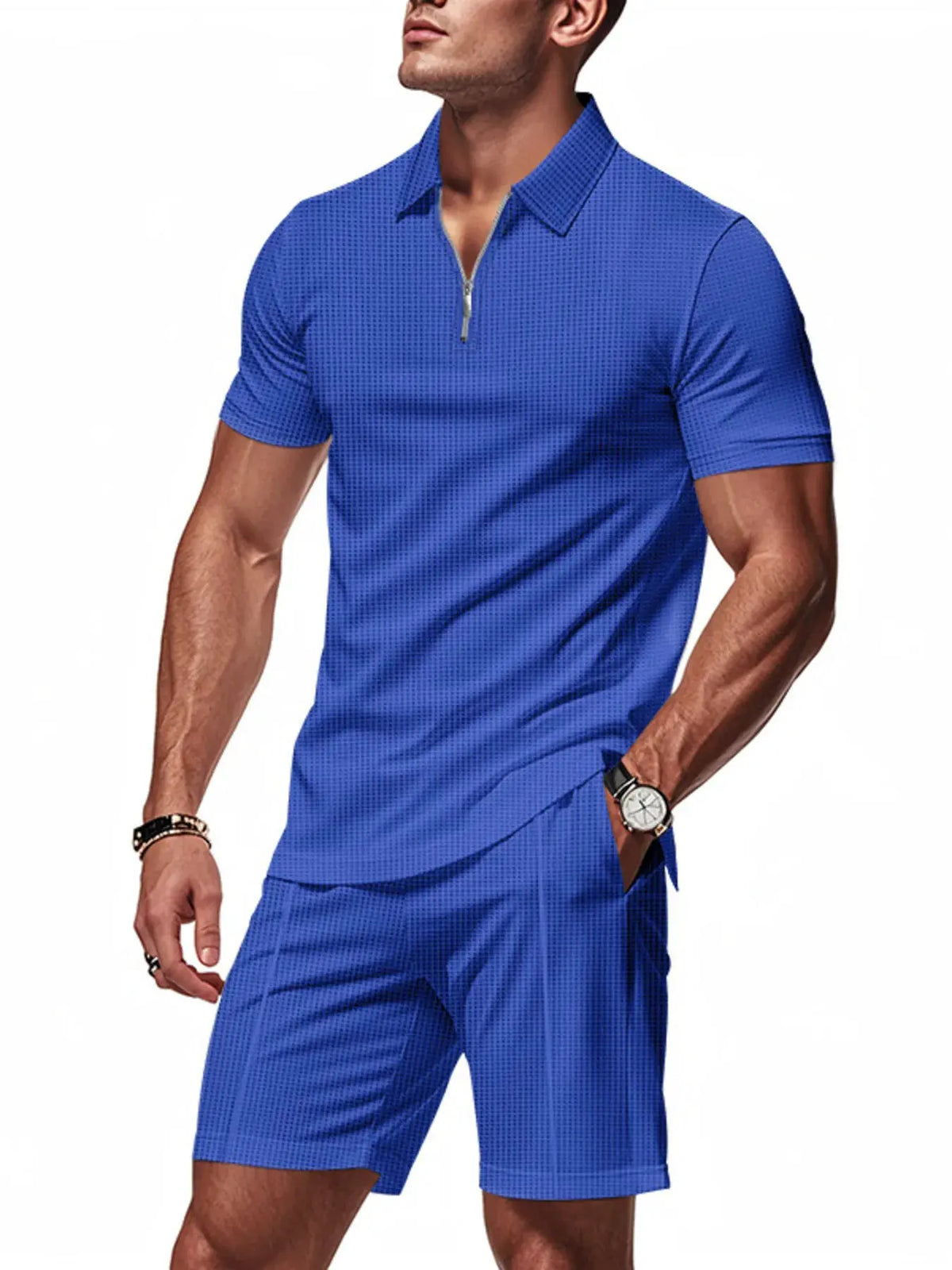 Men's Plus Size Quarter Zip Short Sleeve Top and Shorts Set by Trendsi