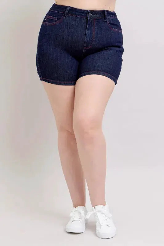 Judy Blue Plus Size HW Heart Shaped Pkts & Red Contrast Thread Denim Shorts by Judy Blue