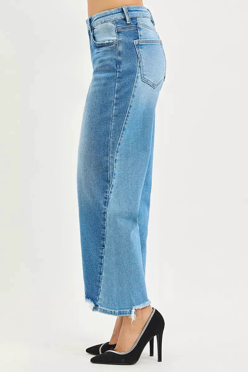 RISEN Full Size Slouchy Cropped Barrel Jeans with Contrast Wash Plus Size by RISEN