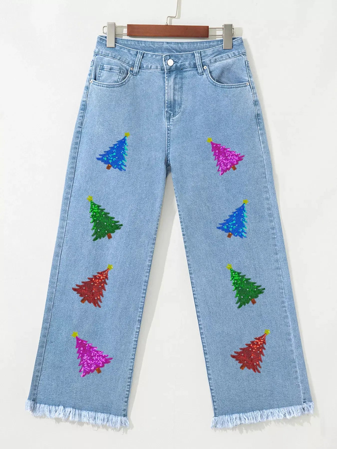 Colorful Sequin Christmas Tree Patched Raw Hem Cropped Wide Leg Jeans by Partner Label