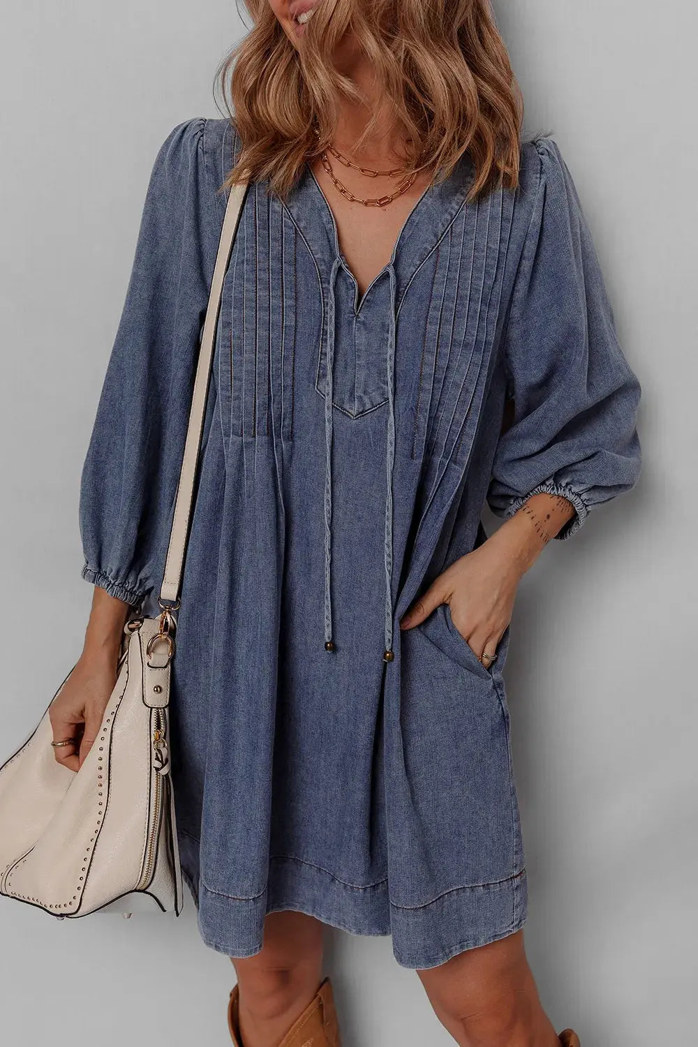 Tie Neck Long Sleeve Mini Denim Dress by Partner Label