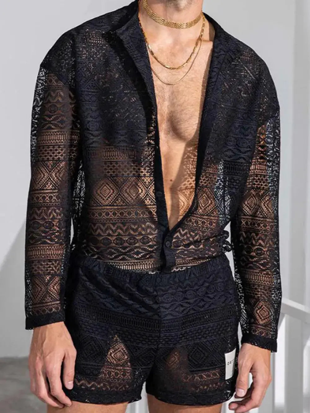 Men's Full Size Lace Button Down Top and Shorts Set Plus Size by Trendsi