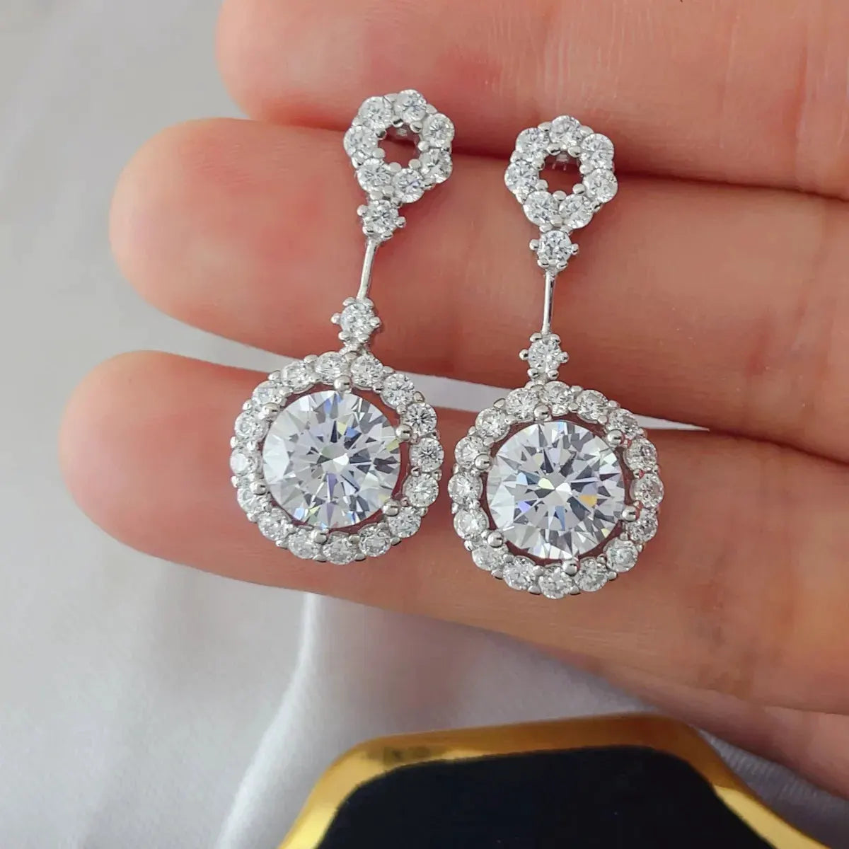 4 Carat Crystal Drop Dangle Earrings with Round Halo Design by Partner Label