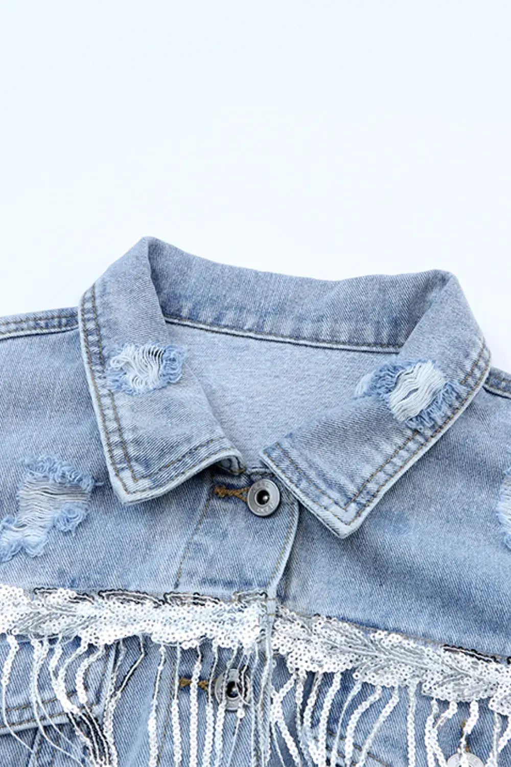 Sequin Fringe Trim Distressed Button Up Denim Jacket by Partner Label