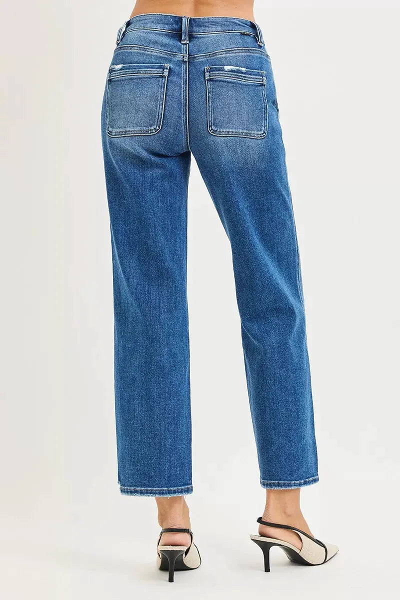 RISEN High Rise Ankle Straight Distressed Hem Detail Jeans by RISEN