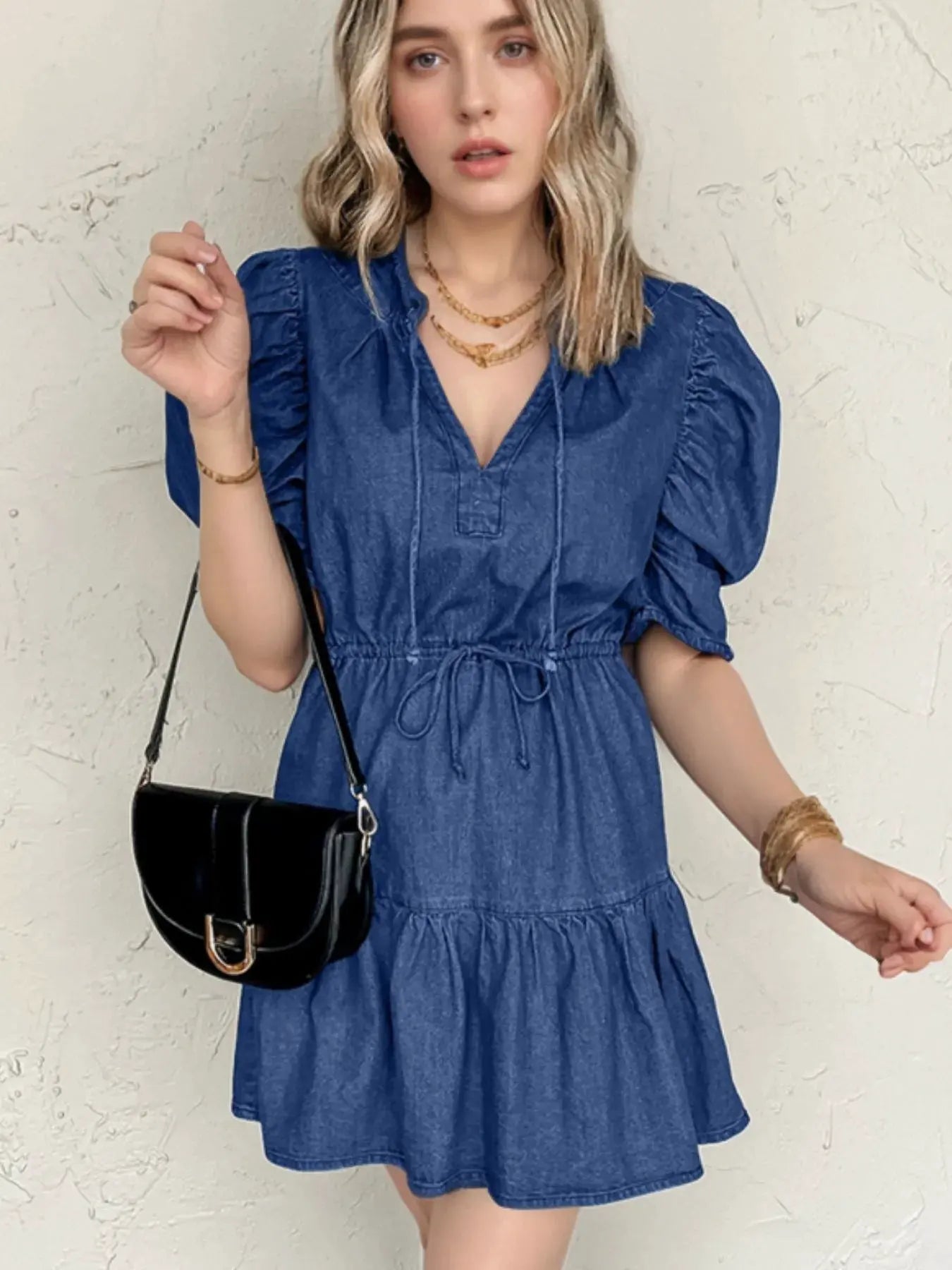 Drawstring High Waist Puff Sleeve Denim Mini Dress by Partner Label