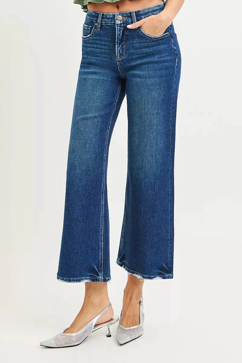 RISEN Tummy Control 4 Way Stretch High Rise Crop Wide Leg Jeans by RISEN