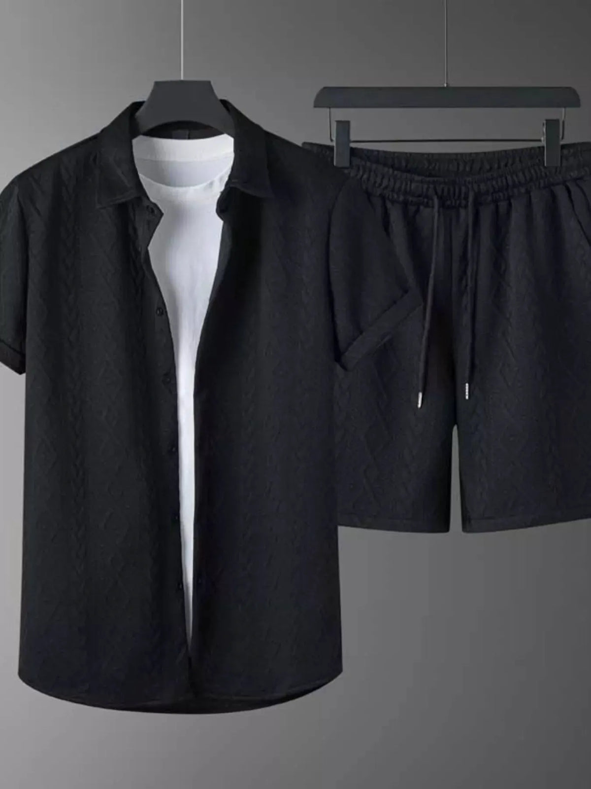 Men's Textured Knit Short Sleeve Polo & Shorts Set by Trendsi