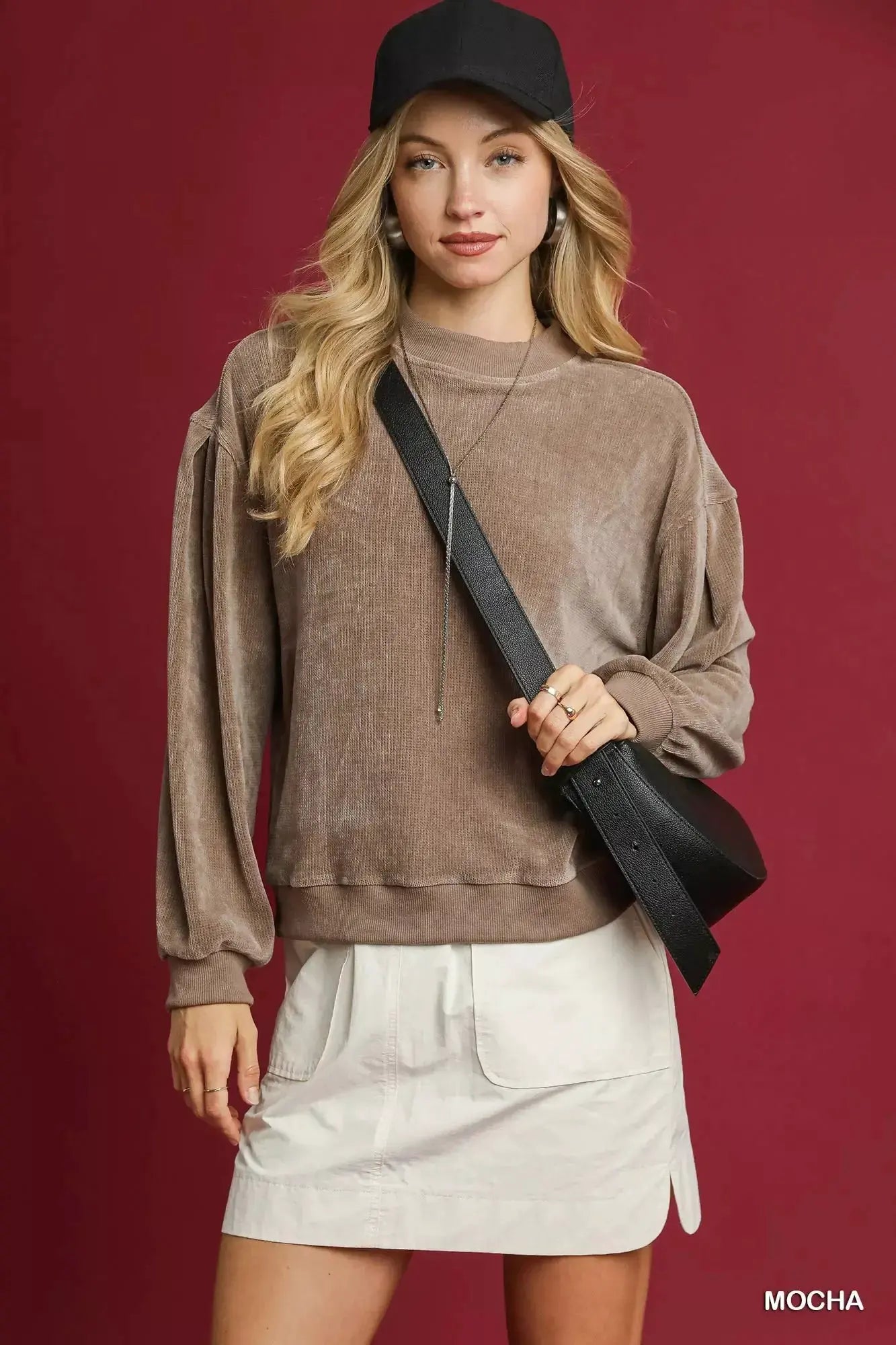 Umgee Velour Crewneck Balloon Sleeve Sweatshirt by Umgee