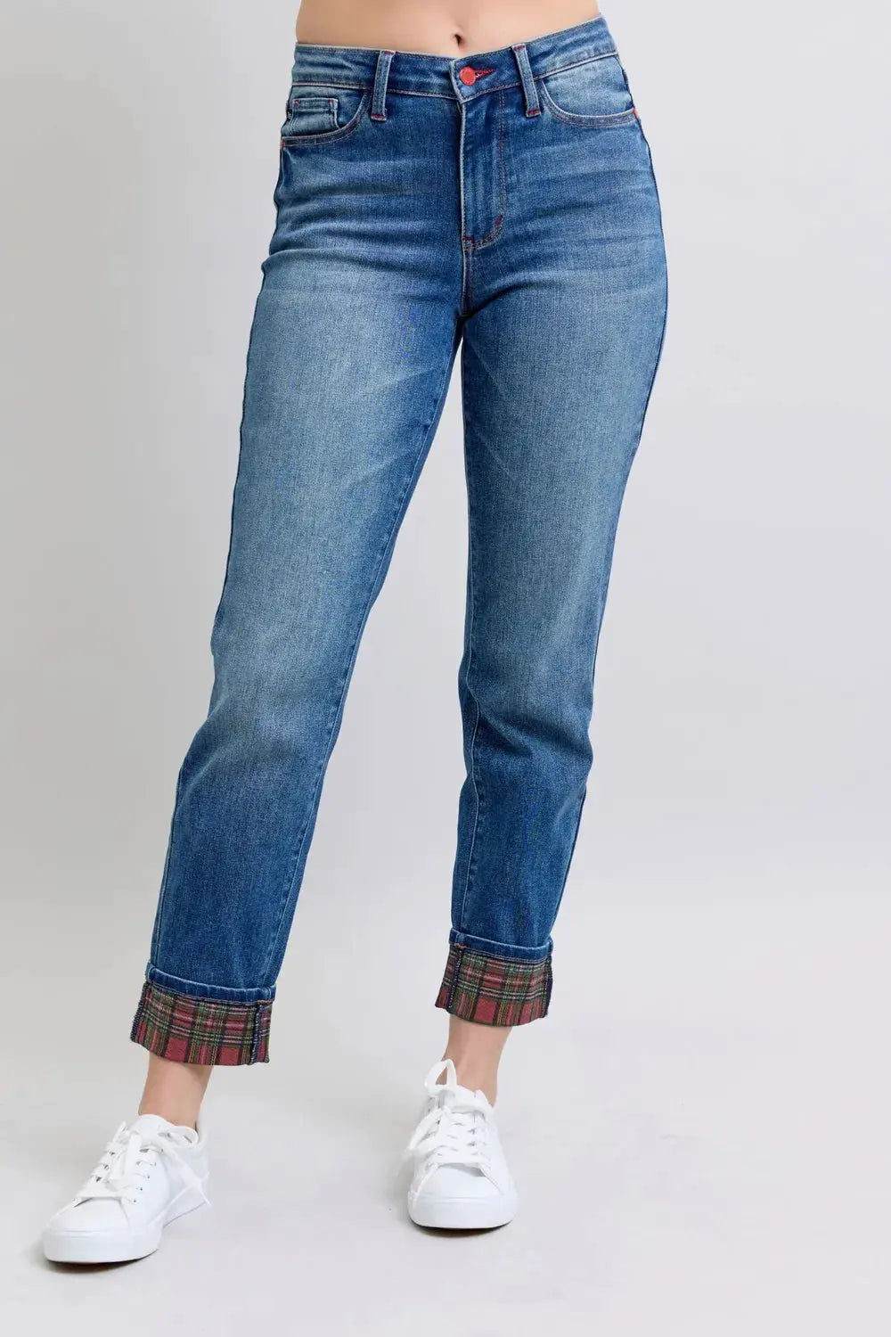 Judy Blue Full Size Plaid Print Cuff Straight Leg Jeans with Pockets by Judy Blue