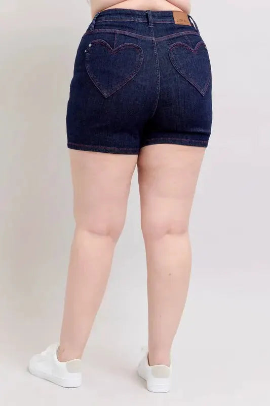 Judy Blue Plus Size HW Heart Shaped Pkts & Red Contrast Thread Denim Shorts by Judy Blue