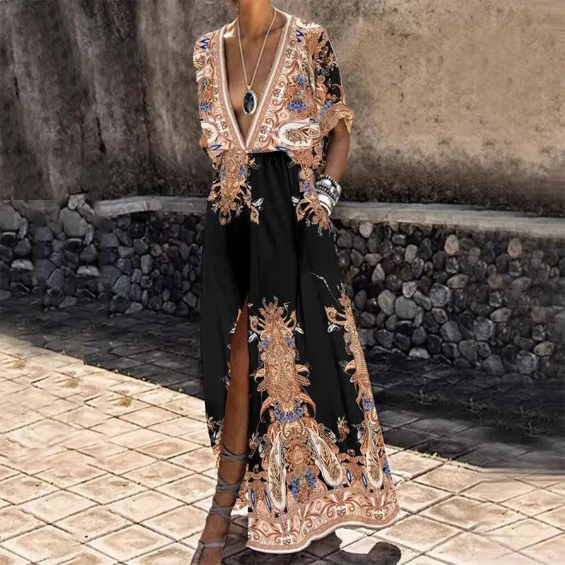 Vintage Pattern Printed Boho Long Dress Women Sexy Deep V by Anybestbuy Store
