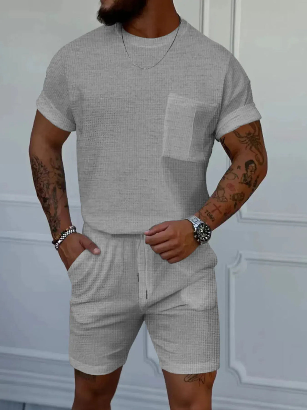 Men's Full Size Round Neck Short Sleeve Top and Shorts Set Plus Size by Trendsi