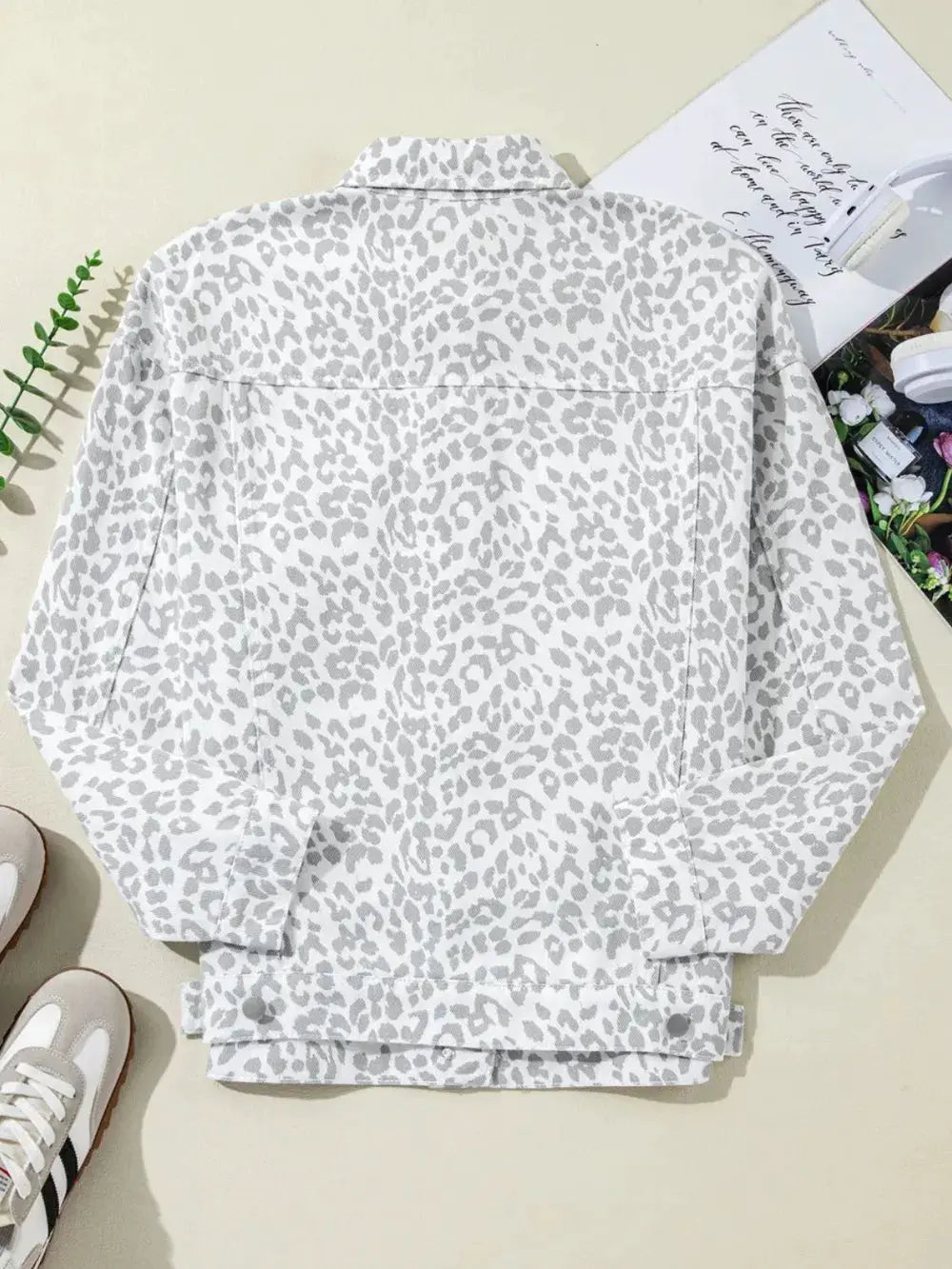 Leopard Button Up Long Sleeve Denim Jacket by Partner Label