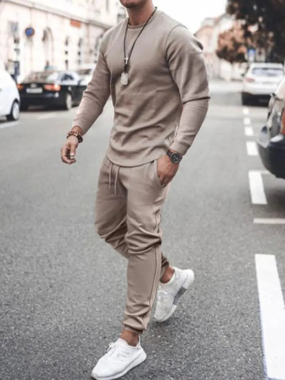 Men's Full Size Round Neck Long Sleeve Top and Pants Set Plus Size by Trendsi