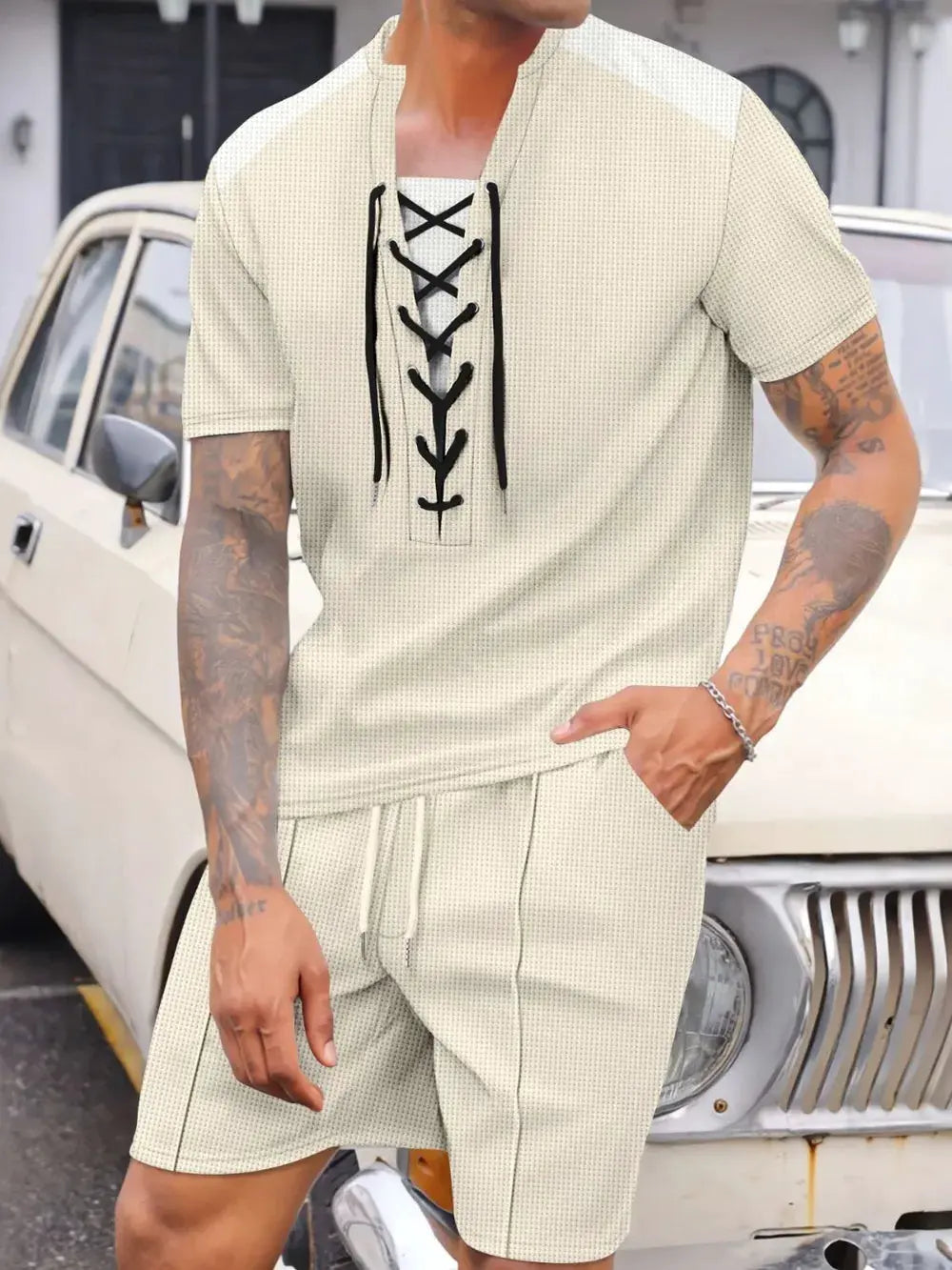 Men's Full Size Lace-Up Waffle Knit Top and Shorts Set Plus Size by Partner Label